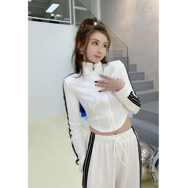 Set Áo Khoác Tay Dài Có Khóa Kéo Và Quần Dài Kẻ Sọc Phong Cách Mới Cho Nữ