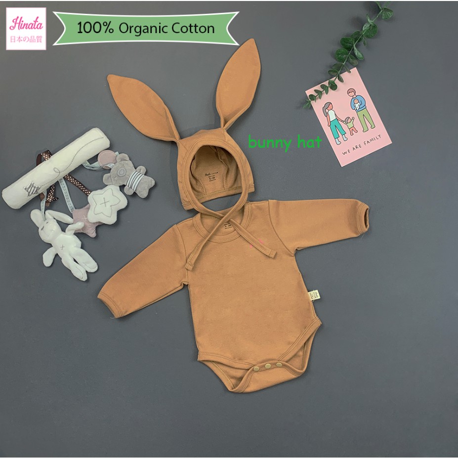 Bộ bodysuit tay dài, kèm nón thỏ - 100% Organic Cotton - Bunny Hat BF05 - Thương hiệu Hinata Nhật