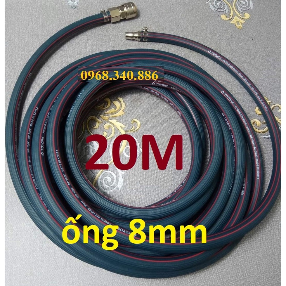 Dây hơi cao su bố vải 10m, made in Korea, lỗ 8mm, kèm bộ đầu nối nhanh cao cấp