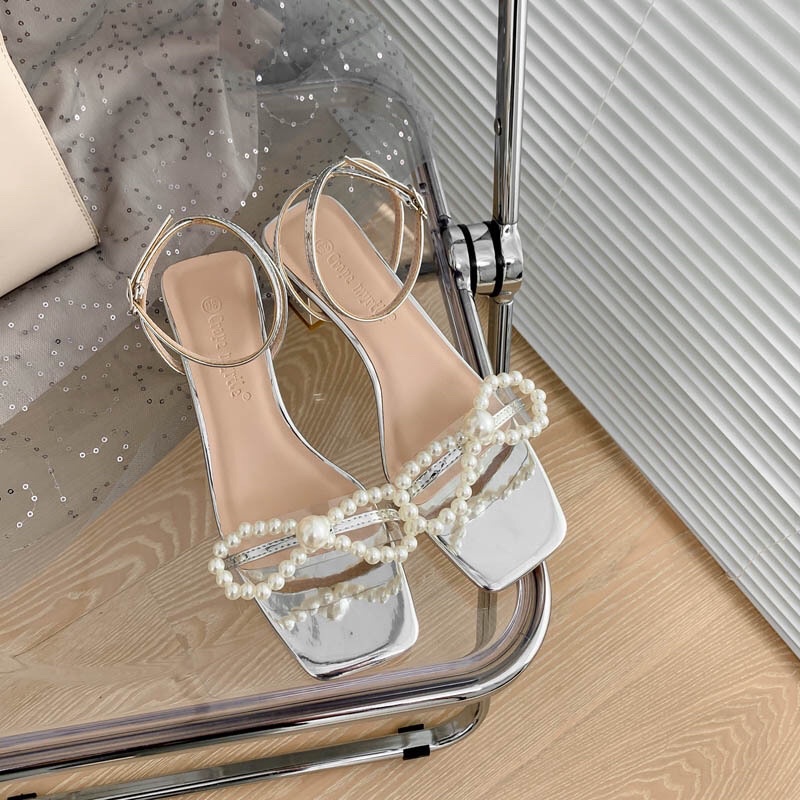 Sandal nữ gót vuông 5cm quai ngang nơ ngọc