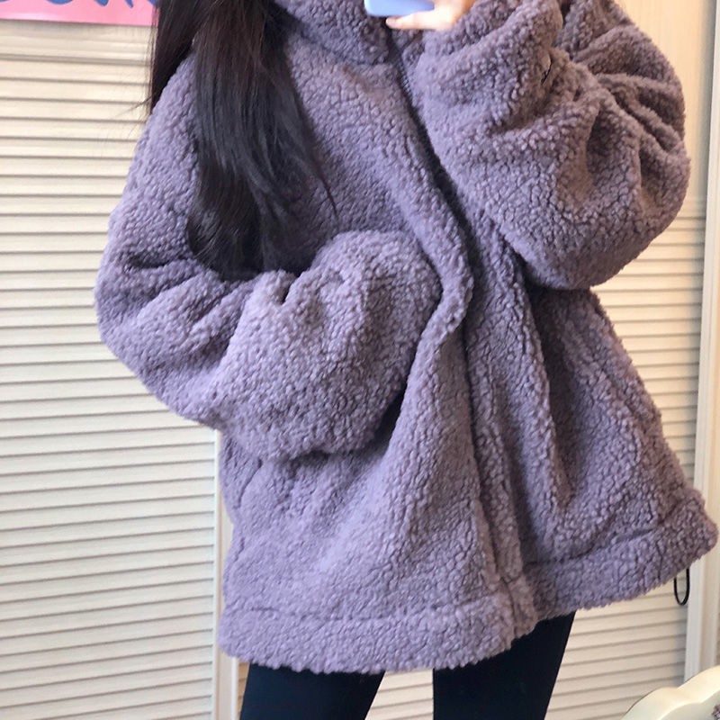 💗💜Hồng & Màu tía 💗💜Áo Khoác Len Lông Cừu Dày Dáng Rộng Phong Cách Hàn Quốc Thời Trang Thu Đông Dành Cho Nữ 2021