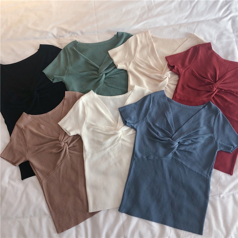 Áo Croptop Dệt Kim Cổ Chữ V Màu Sắc Trơn Thời Trang Mùa Hè Dành Cho Nữ