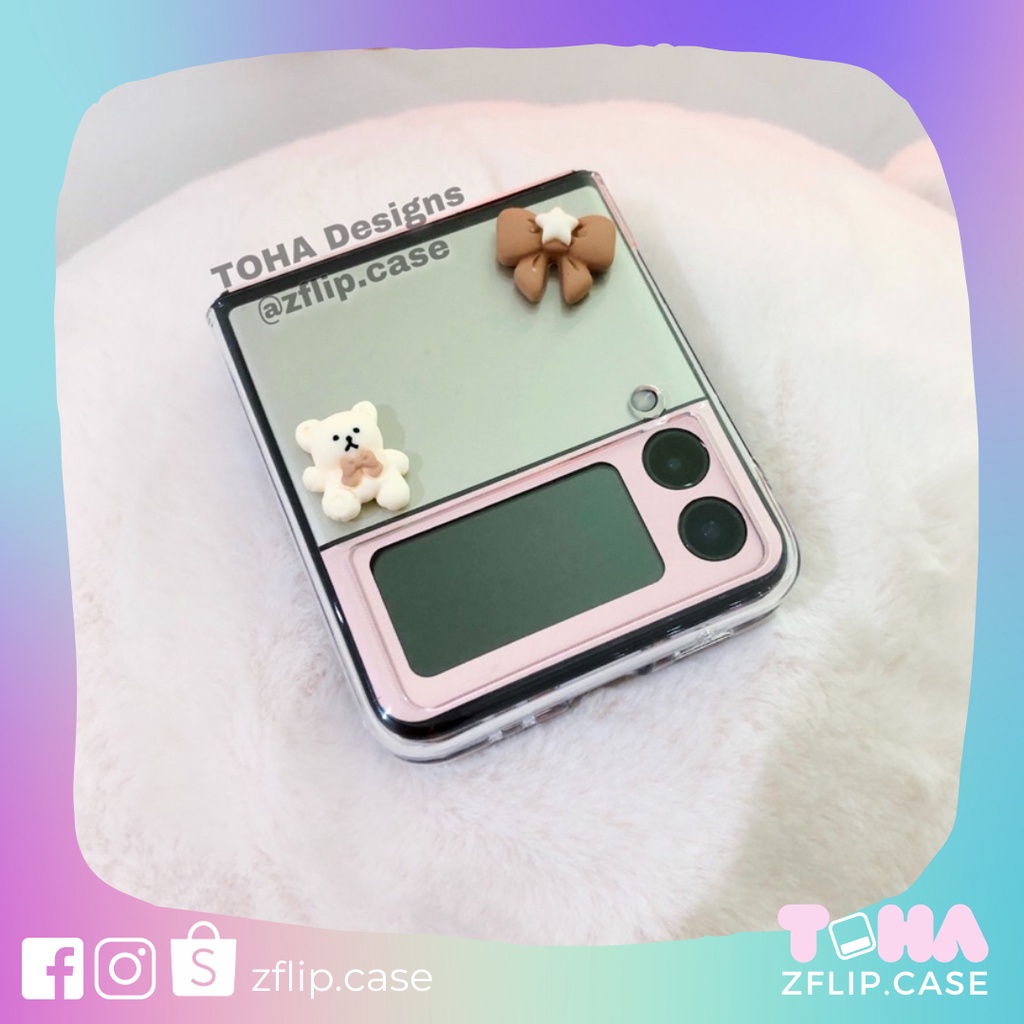 Ốp trong suốt gấu nơ Samsung Z Flip 3 / Z Flip 4 kèm decal / Z Flip3 / ZFlip3 / Z Flip4/ ZFlip4