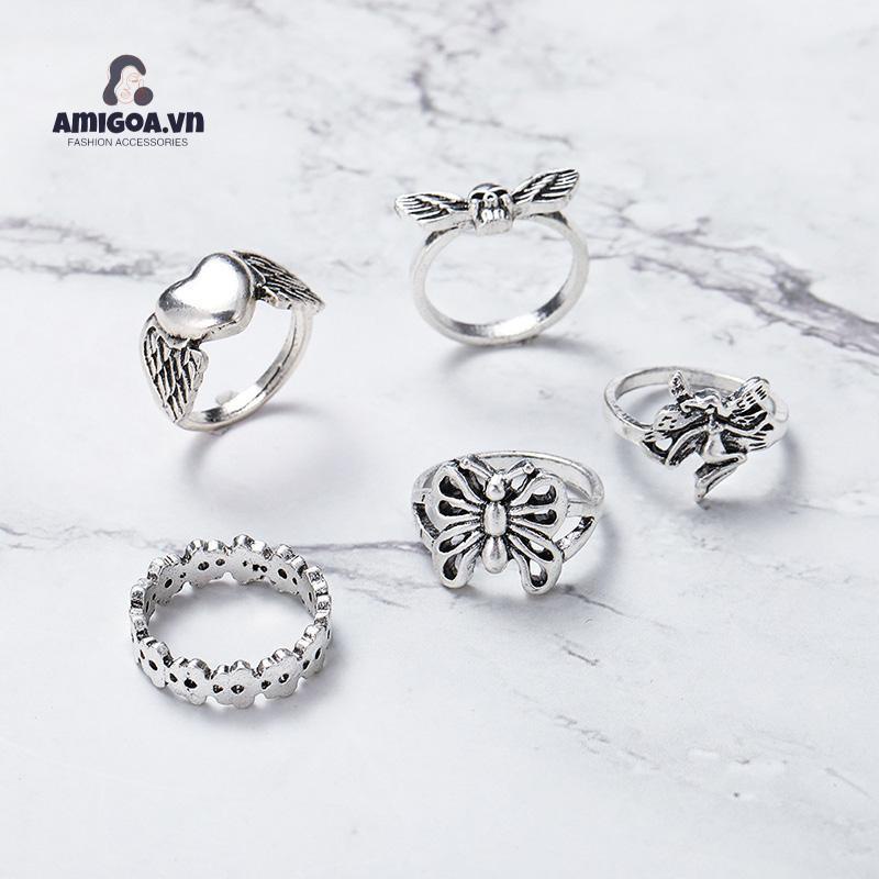 ✨✨Bộ 5 Nhẫn Hở Họa Tiết Cánh Bướm Phong Cách Vintage Sáng Tạo