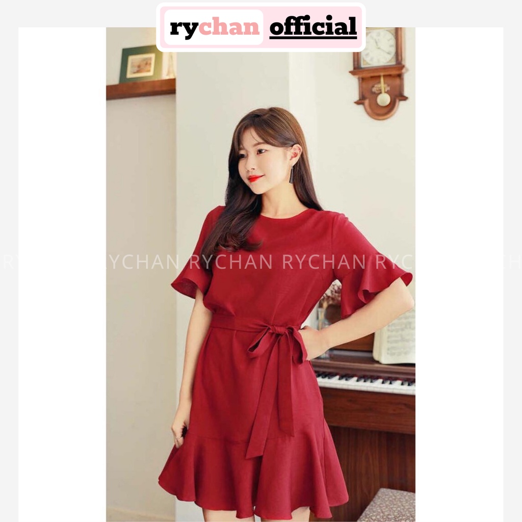 DX497 - Đầm Xòe Màu Đỏ Cột Eo Phối Đuôi Cá Dễ Thương [ẢNH THẬT CUỐI]