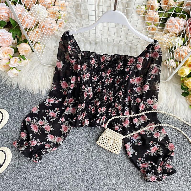 Áo kiểu BH tay dài phồng họa tiết hoa thời trang xinh xắn cho nữ