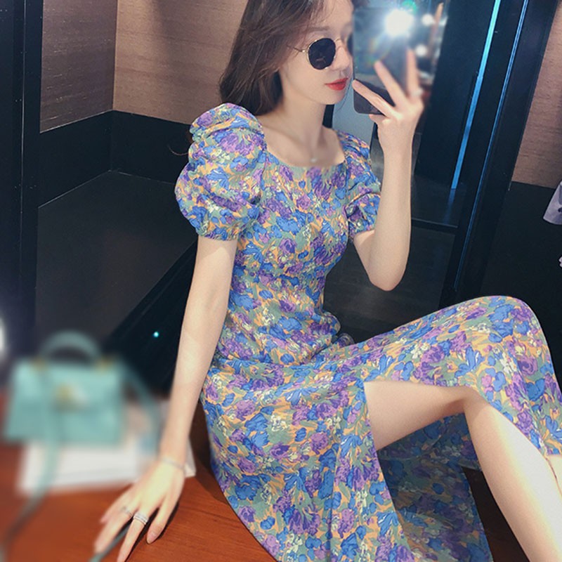 Đầm Tay Ngắn Dáng Dài Hoạ Tiết Hoa Thiết Kế Xẻ Quyến Rũ