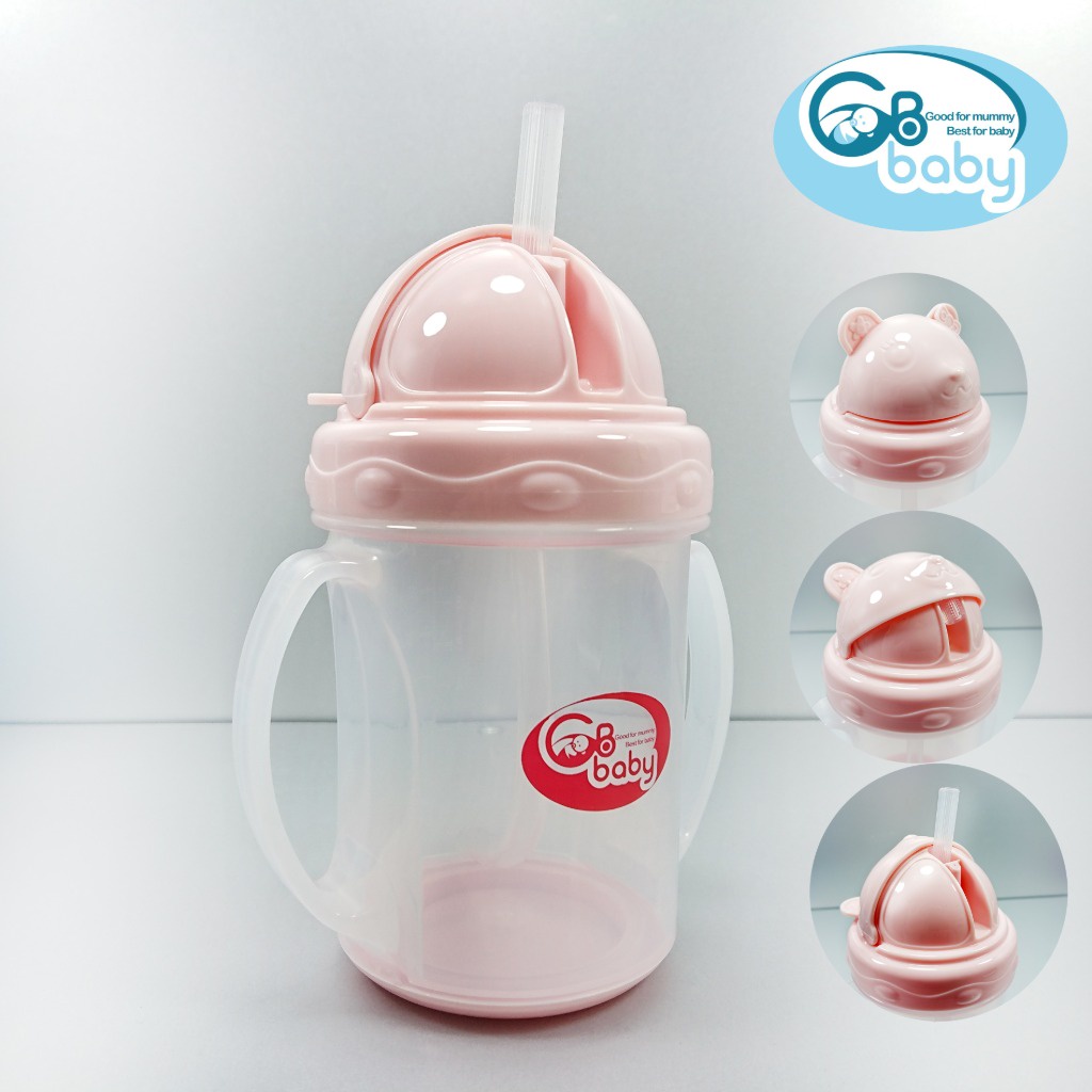 Bình tập uống nước cho bé GB-BABY 230ml kèm chổi vệ sinh ống hút, Cốc tập uống nước bật Gấu chính hãng