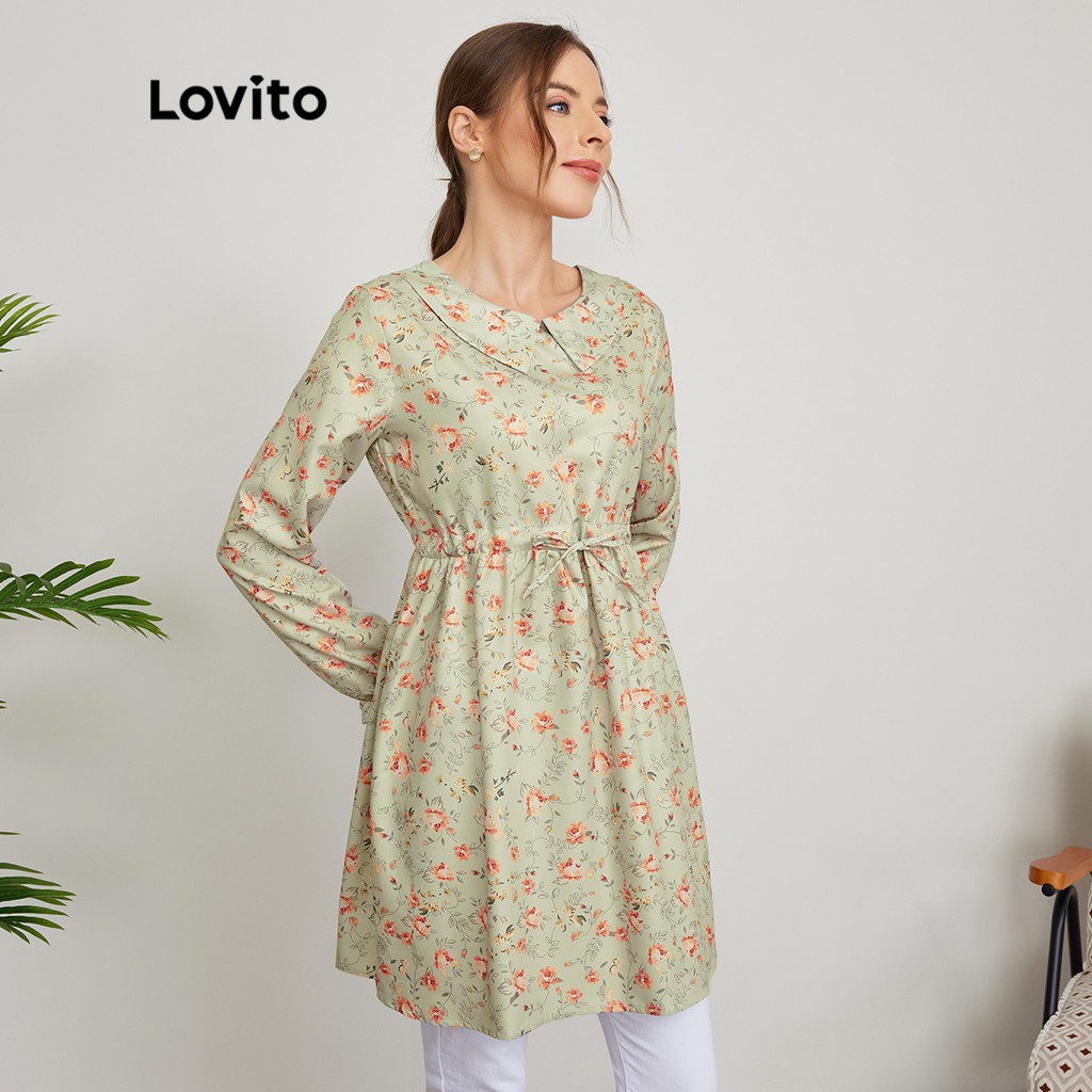 Lovito Áo sơ mi cổ tàu hoa lá vừa phải L24ED106 (Màu xanh lá cây nhạt)