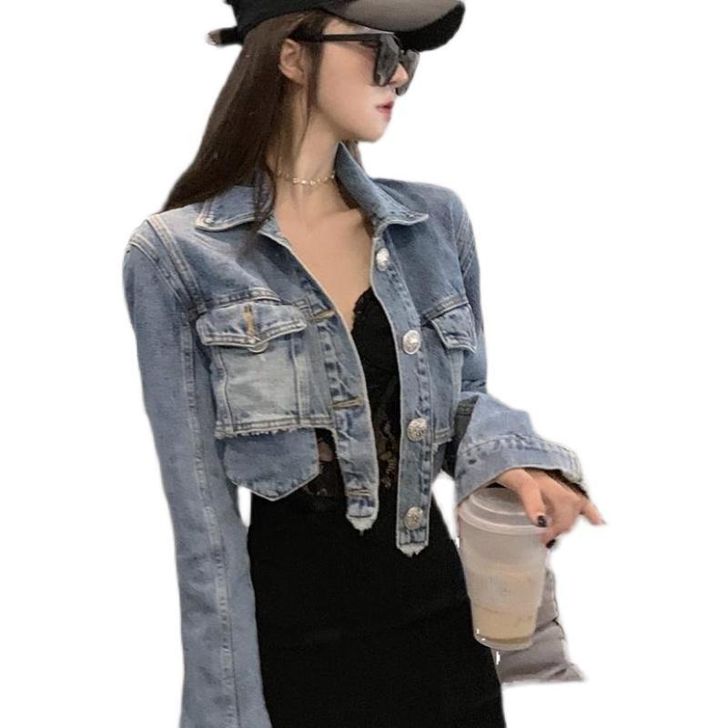 Áo Khoác Denim Ngắn Lưng Cao Dáng Ôm Màu Sắc Sáng Phong Cách Hàn Quốc Thời Trang Xuân Thu Cho Nữ