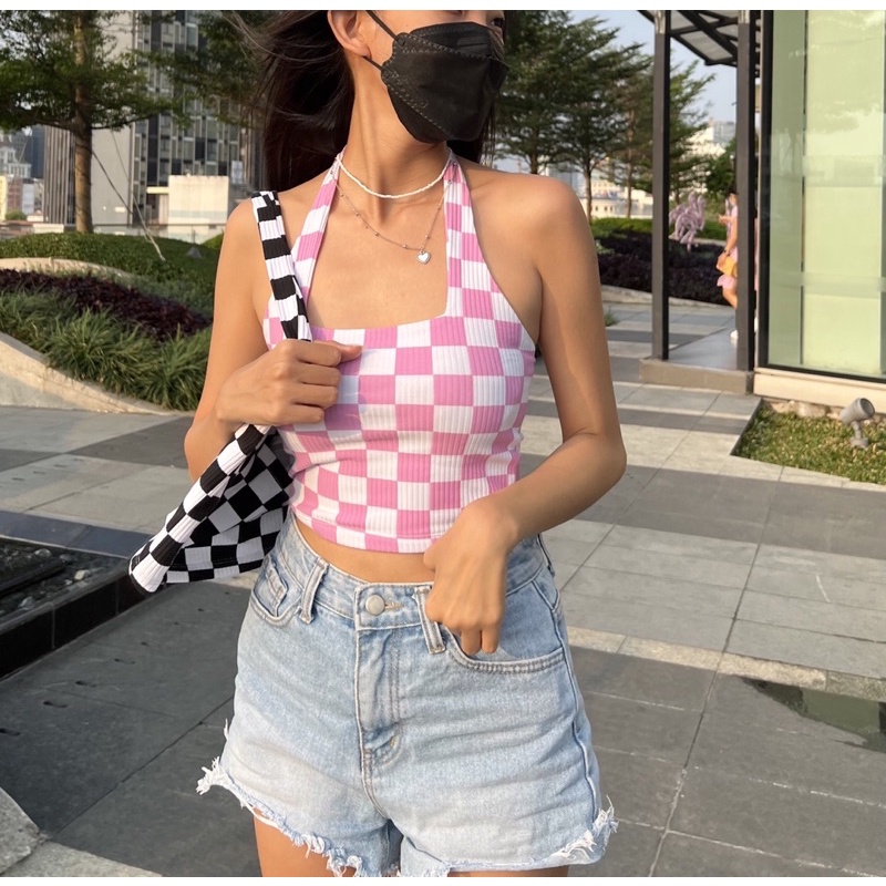 Áo Choàng Cổ Caro Hồng Trắng, Caro Đen Trắng