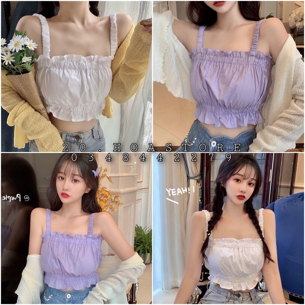 (mới) ÁO 2 DÂY NHÚN BÈO VIỀN NGỰC TÍM TRẮNG - ÁO CROPTOP ĐŨI DÂY CHUN BÈO