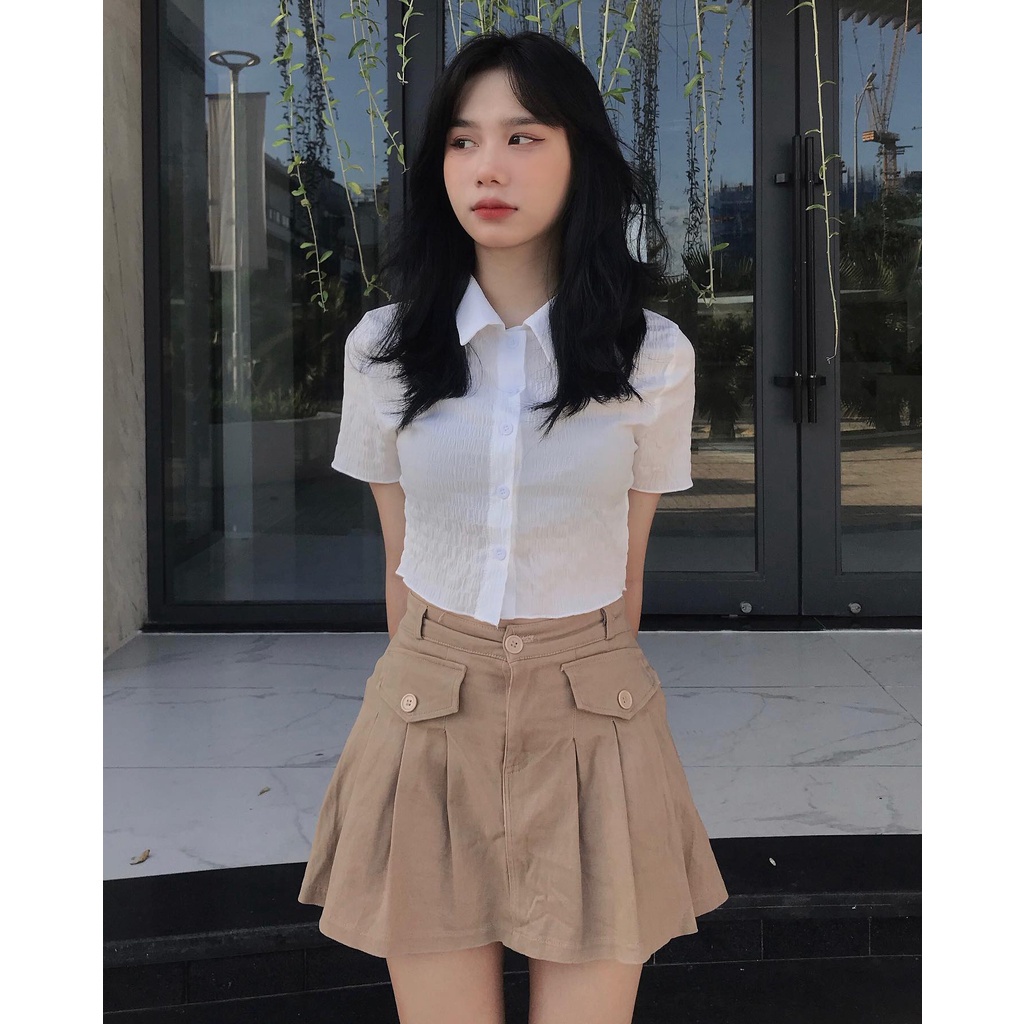 【Gợi ý từ KOL】Áo kiểu croptop Lovito ôm vừa vặn cài nút màu trơn thường ngày L14D015 (Màu trắng)