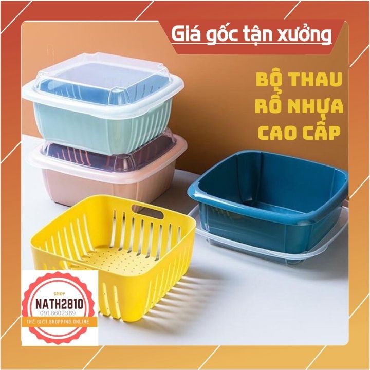 Bộ THAU RỔ vuông có nắp đậy chất liệu nhựa cao cấp dùng để rửa ráo nước, đựng và bảo quản rau củ trái cây an toàn
