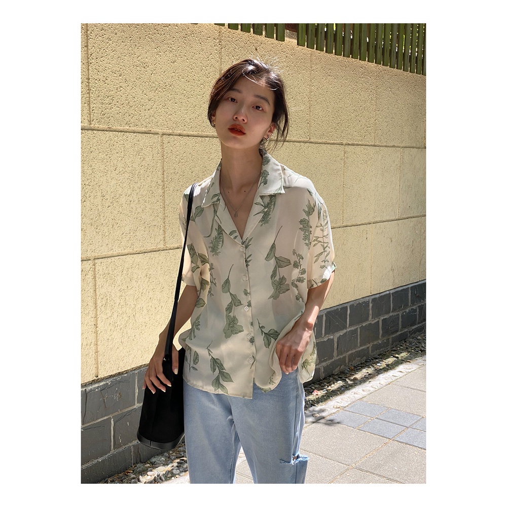 Áo sơ mi SUXI ngắn tay dáng rộng in họa tiết phong cách cổ điển thời trang mùa hè cho nữ