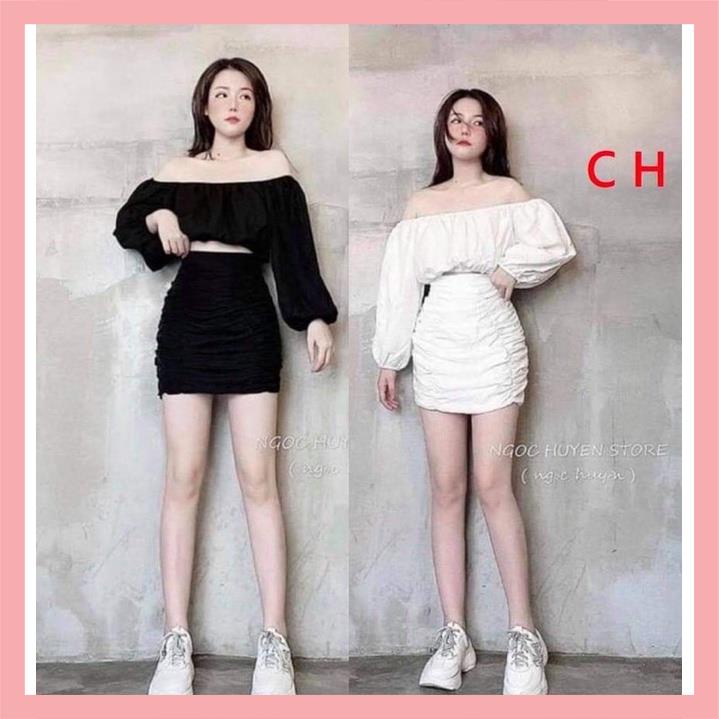 Set áo trễ vai tay bồng + chân váy đuôi cáChất thô lụa bánh bèo Vintage tiểu thư☘️ Phong cách Hàn Quốc