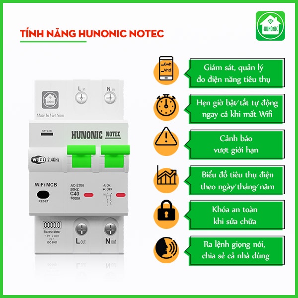 Aptomat Đo Năng Lượng thông minh Wifi Hunonic Notec - Hàng chính hãng