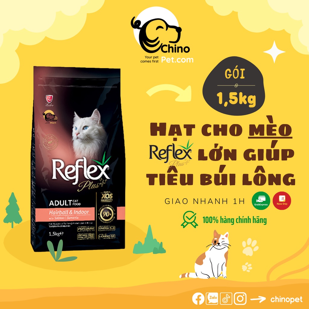 Hạt Reflex Plus Hairbal and Indoor cho mèo lớn thức ăn khô hỗ trợ tiêu búi lông và giảm mùi phân hôi vị cá hồi túi 1.5kg