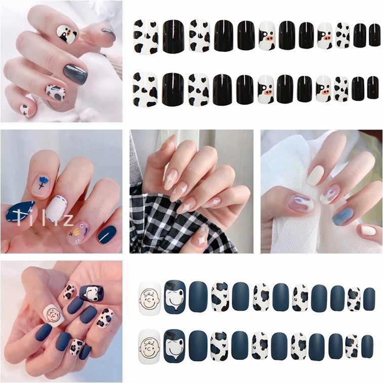 【24pcs】Snoopy Matte Zebra Pattern Fake Nails Fluorescent Sequins Ballet Star Flame Glitter French Snowflake Deer Leopard Cow Peach Heart Plaid Box Fake Nails Finished Product R101-120