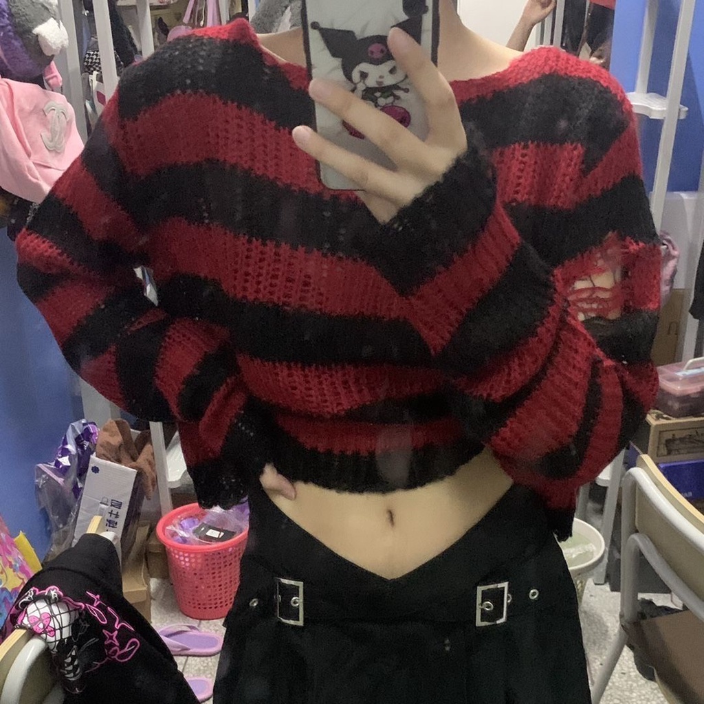 Y2k Áo Sweater Dáng Rộng Khoét Lỗ Rỗng Dài Vừa Kẻ Sọc Màu Tối Phong Cách Hàn Quốc Cho Cặp Đôi