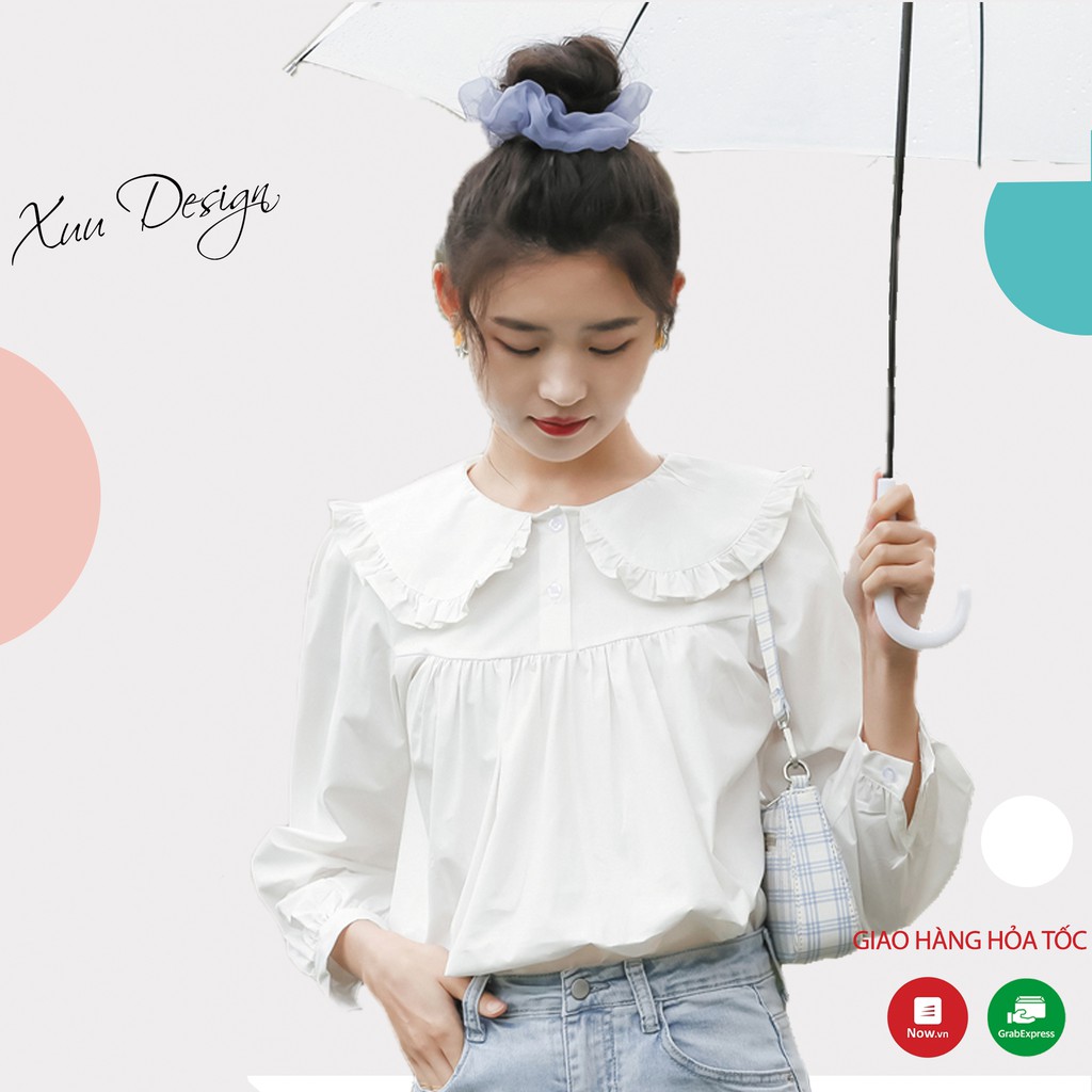 Áo sơ mi trắng công sở Xuu, thiết kế cổ bèo nhún tiểu thư SP25