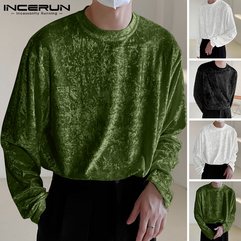 Áo thun nam INCERUN ấm áp cổ tròn màu trơn tay dài thời trang thường ngày