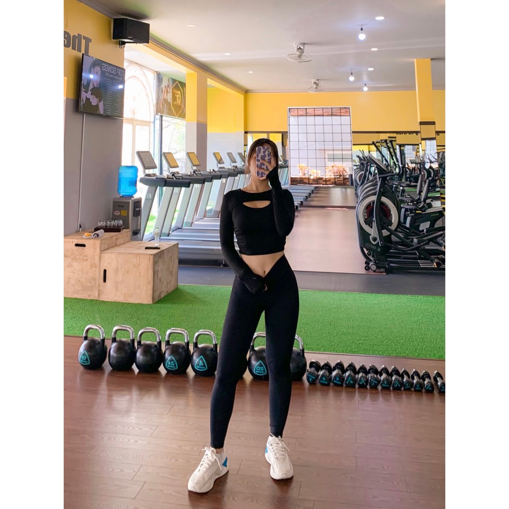 Áo Tập Gym Nữ [CROPTOP] Tay Dài Khoét Ngực Cong Cao Cấp [ĐỒ TẬP GYM NỮ]