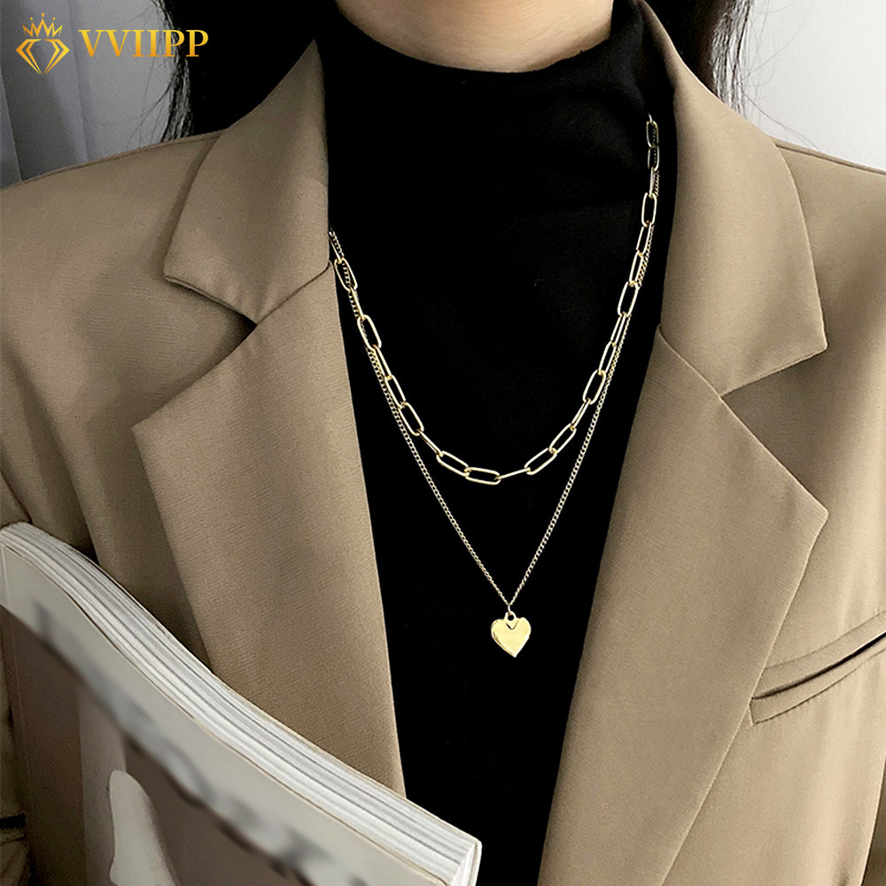 Vòng Cổ Nhiều Lớp Mặt Trái Tim Phong Cách Hàn Quốc Cổ Điển