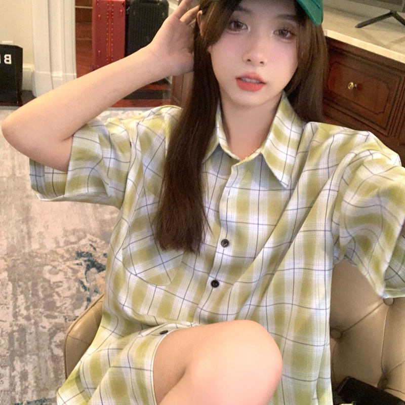 SUXI Áo Sơ Mi Tay Ngắn Dáng Rộng Họa Tiết Sọc Caro Màu Xanh Lá Nhạt Thời Trang Mùa Hè Phong Cách Vintage Cho Nữ