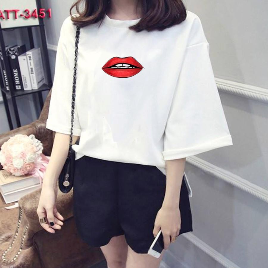 Áo thun nữ tay lỡ Hàn Quốc form rộng in hình môi gợi cảm vài dày mịn TEEWOTL28