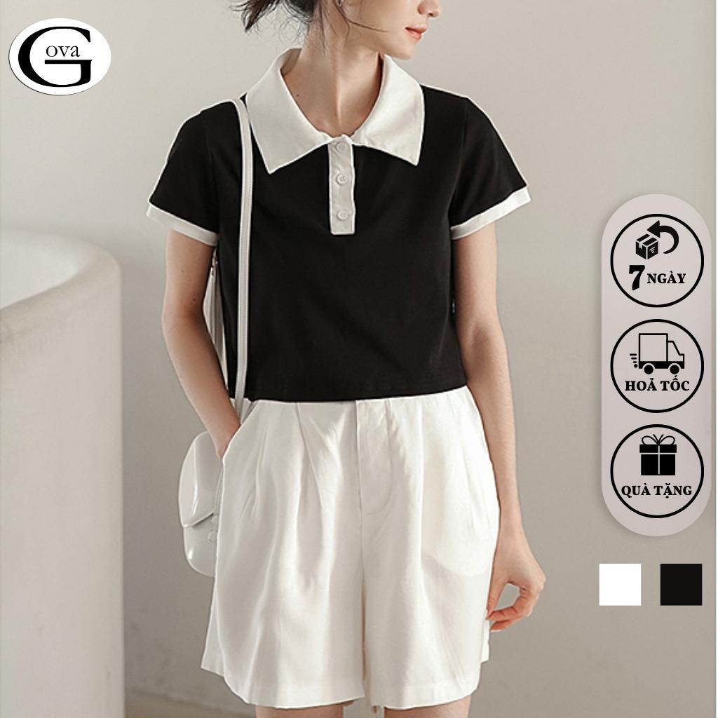 Áo Croptop CỔ POLO PHỐI Màu Đen Trắng Nữ, Áo Cổ Bẻ Tay Ngắn Đẹp GOVA