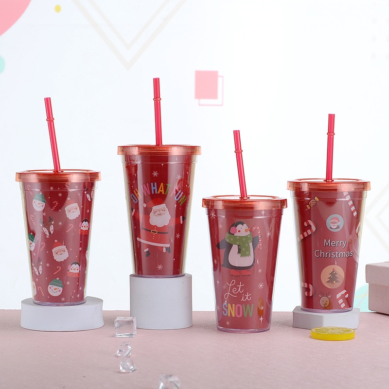 Mới cốc nhựa hai lớp ống hút yếu tố Giáng sinh long lanh cốc quà tặng cốc cô gái cầm tay sáng tạo bằng ống hút