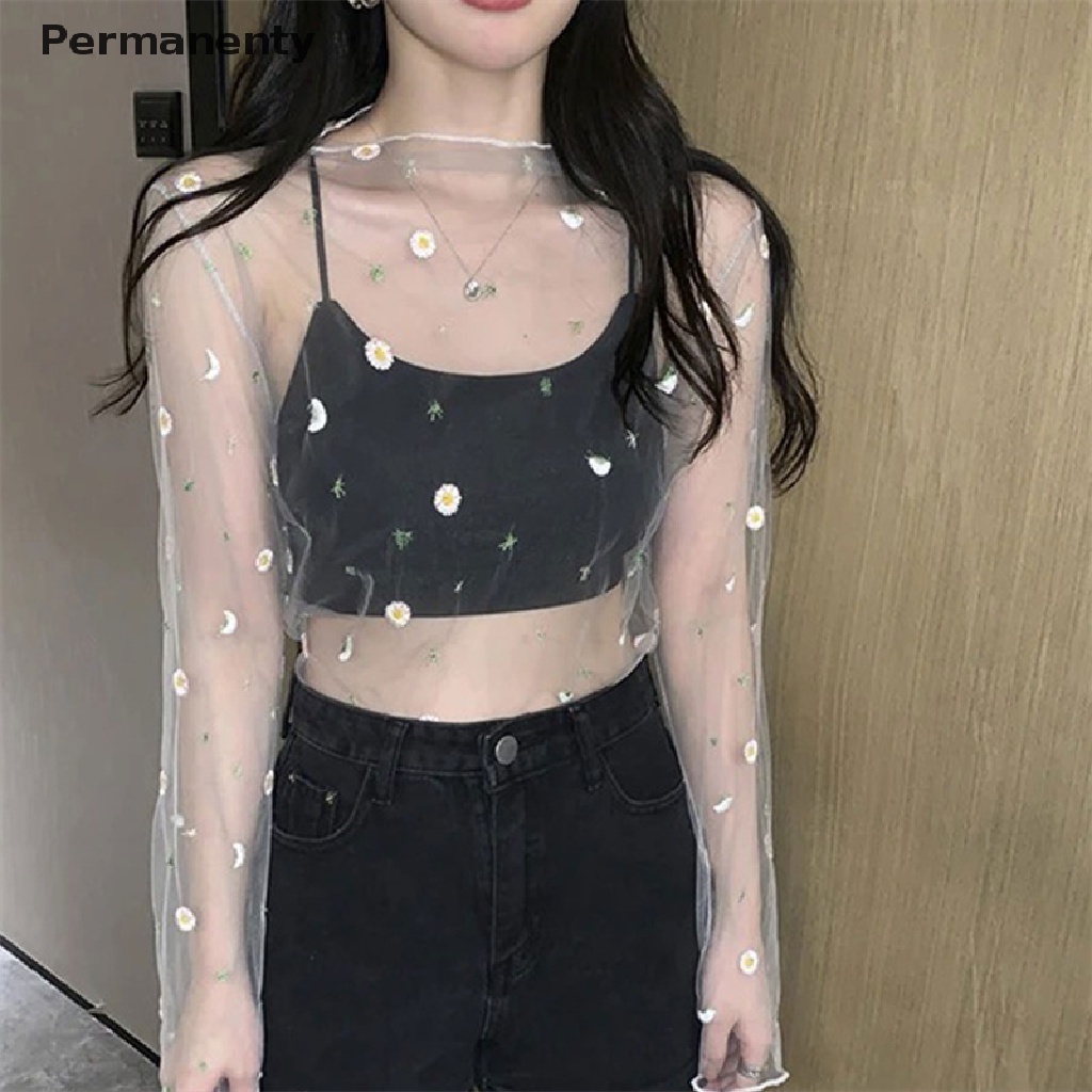 Áo thun vải lưới trong suốt tay dài gợi cảm thời trang