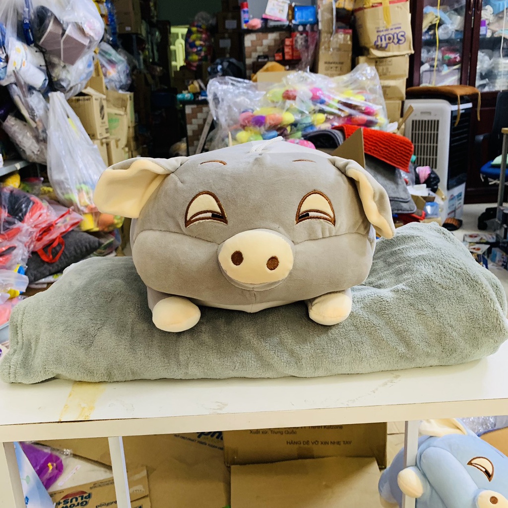 Combo Gấu bông 50cm kèm chăn(mền) hình bé heo - chuột vải nhung mịn bông êm dễ thương- hàng cao cấp