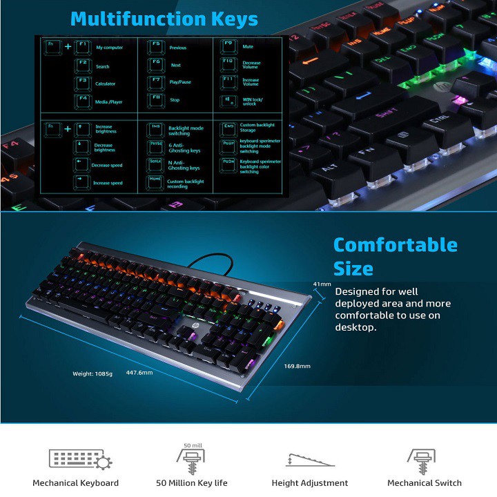 Bàn phím cơ chơi game cao cấp chính hãng HP có LED RGB  Blue Switch - Bàn Phím Cơ cao cấp HP