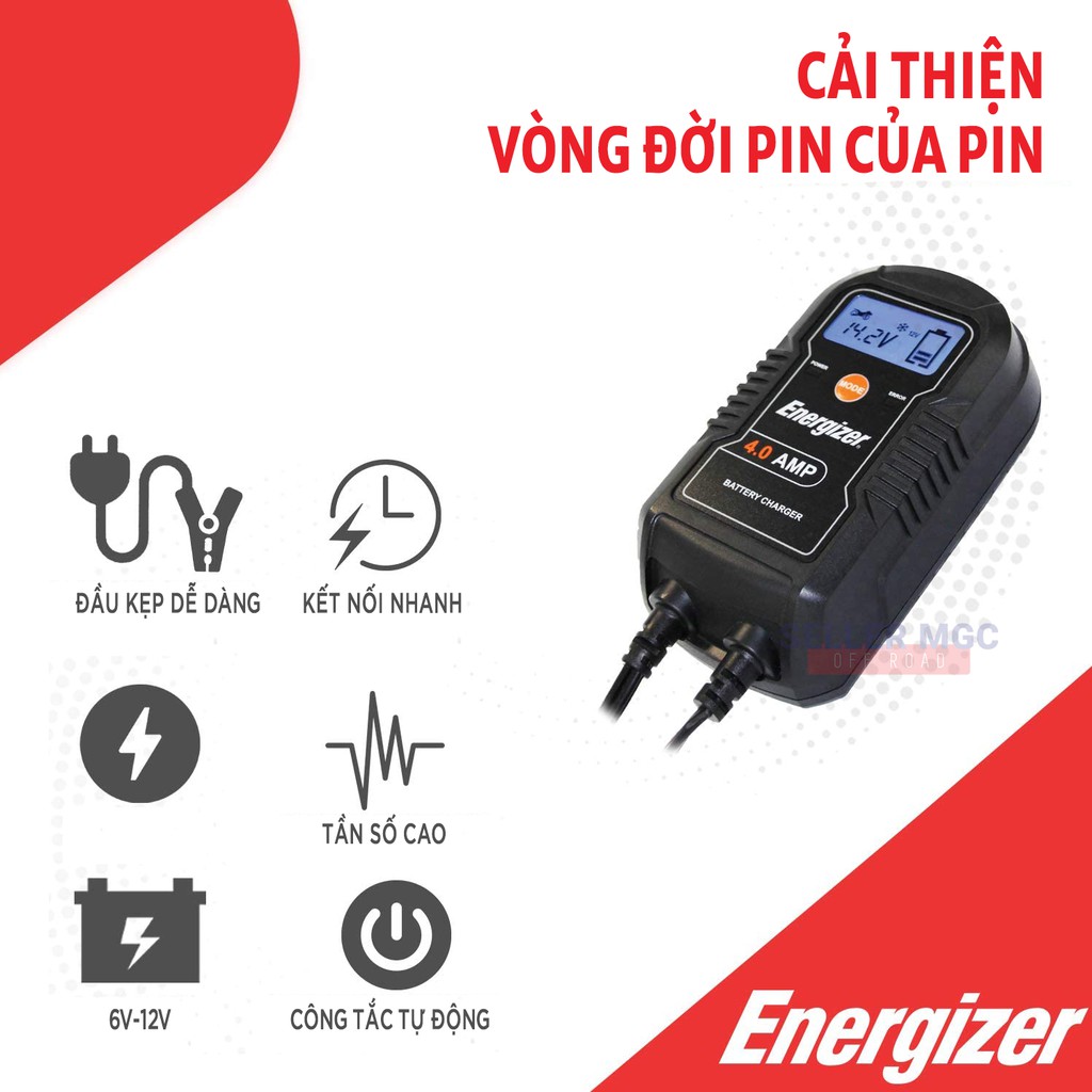 [FREESHIP] Bộ sạc bình Acquy, di động tự ngắt màng hình LCD thông minh Energizer dòng điện 6V - 12V model ENC4A