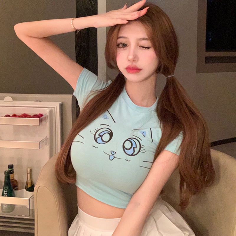 Áo Thun Croptop Tay Ngắn Cổ Tròn In Hoạt Hình Kiểu Hàn Quốc Thời Trang Mùa Hè Năng Động