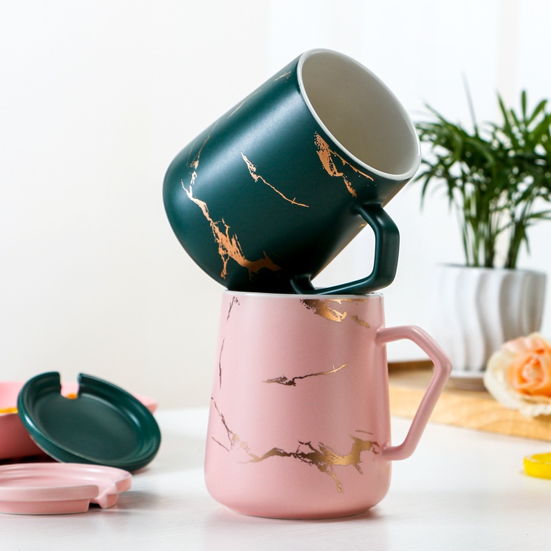 Cốc Uống Cafe Sứ, Ly Sứ Uống Trà Văn Phòng 400ml Có Nắp Kèm Thìa Sang Trọng