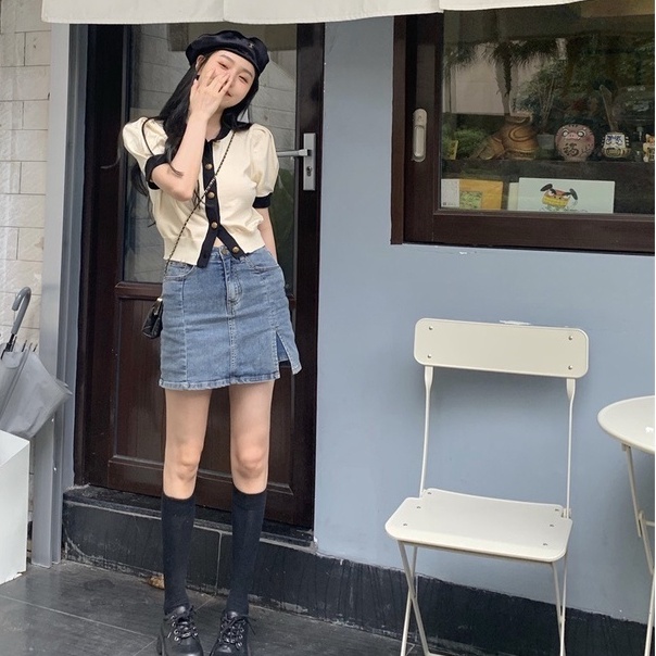 [Hana And Alice] Áo Cardigan Dệt Kim Tay Ngắn Phồng Cổ Chữ V Thời Trang Trẻ Trung