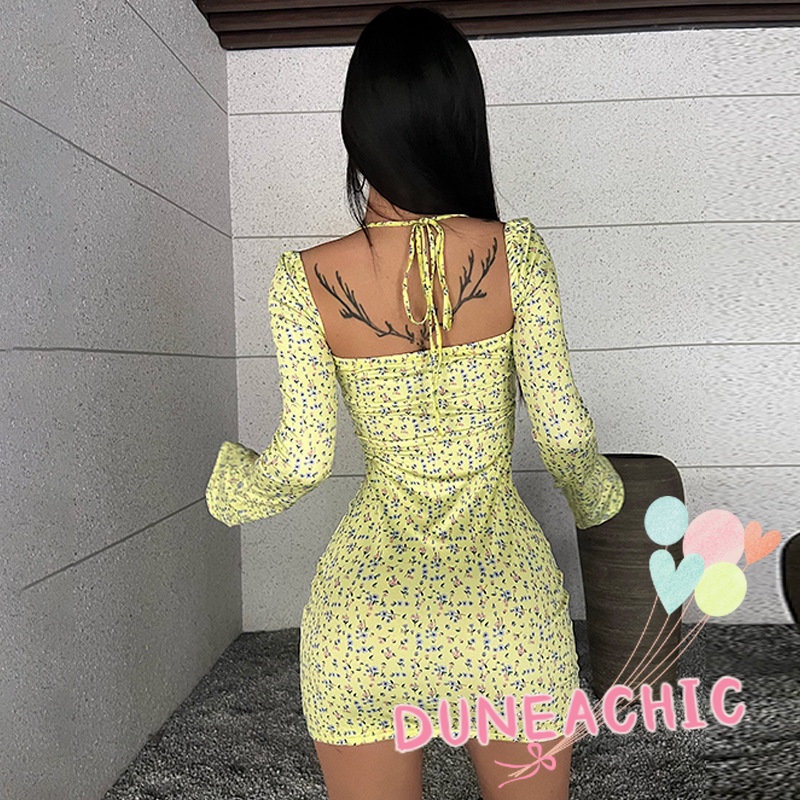 DUNEA Đầm Dài Tay In Hoa Với Thiết Kế Cổ Yếm Xinh Xắn Dành Cho Nữ