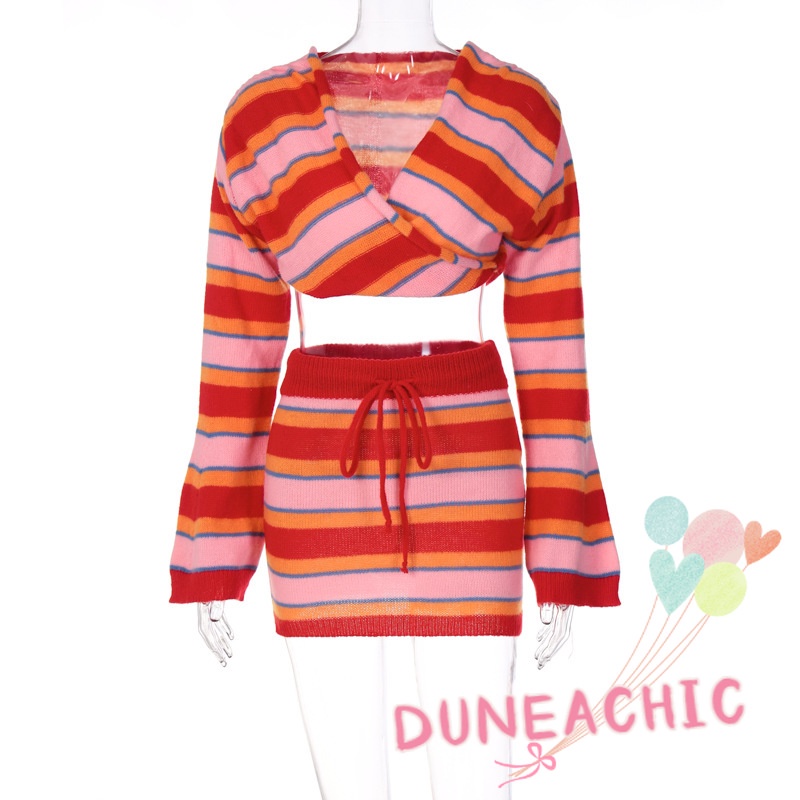 Set Áo Nỉ Dài Tay Cổ Chữ V Và Chân Váy Lưng Cao Phối Dây Rút Phong Cách Sành Điệu