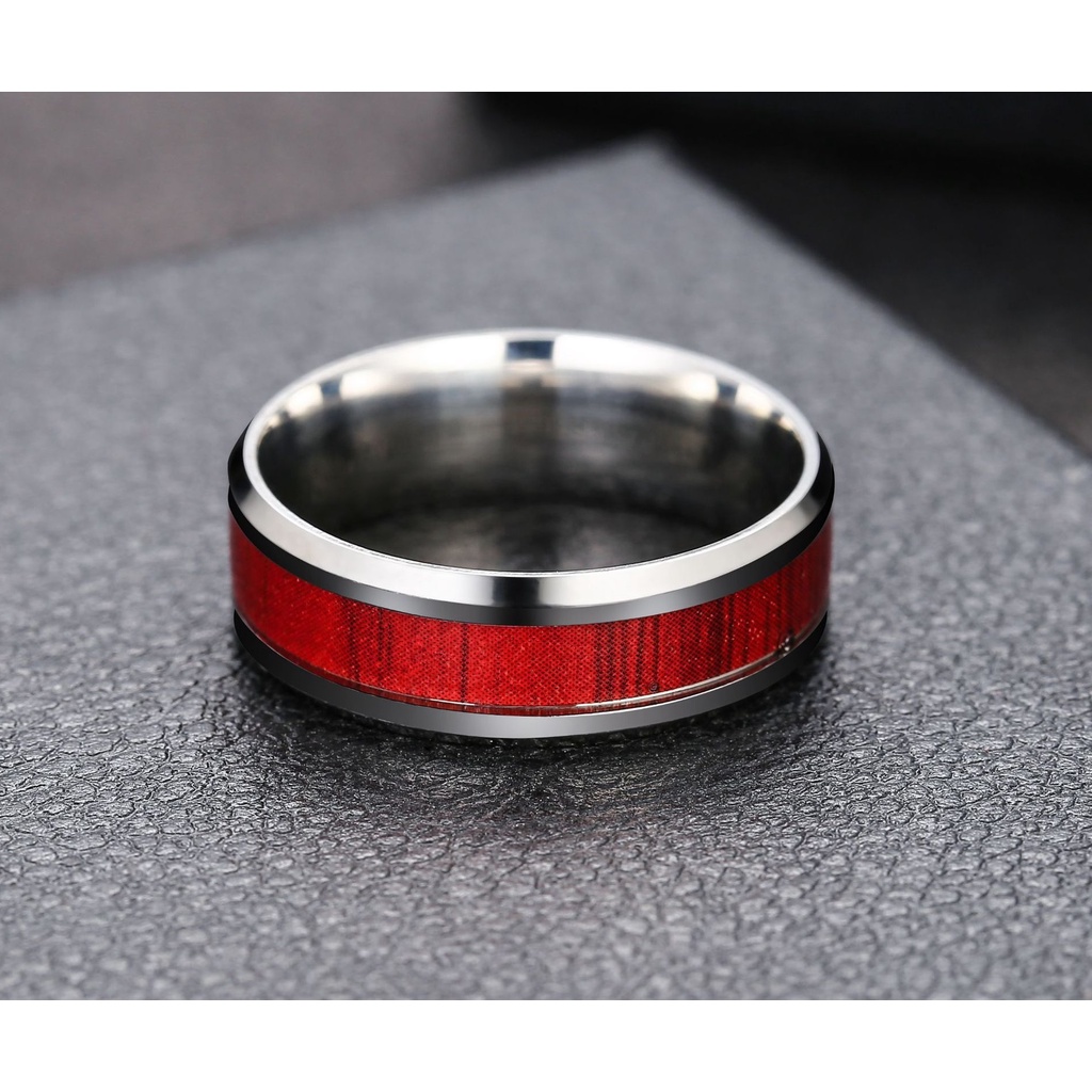 Nhẫn nam nữ tròn Unisex màu bạc đỏ Thời trang PUN chất liệu Titan đẹp đơn giản - Nhẫn Red Wood
