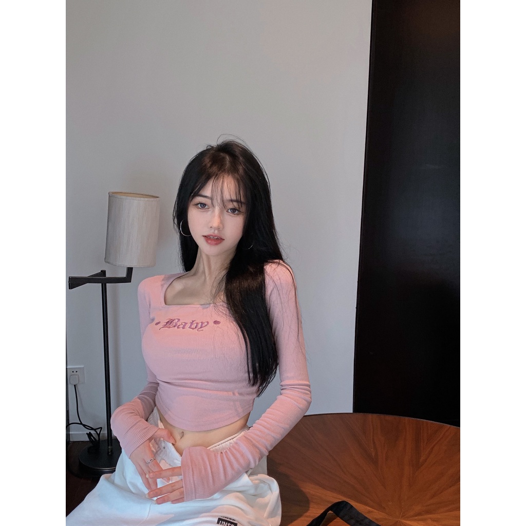 Áo thun tay dài cổ vuông dáng ôm thiết kế độc đáo thời trang cho nữ