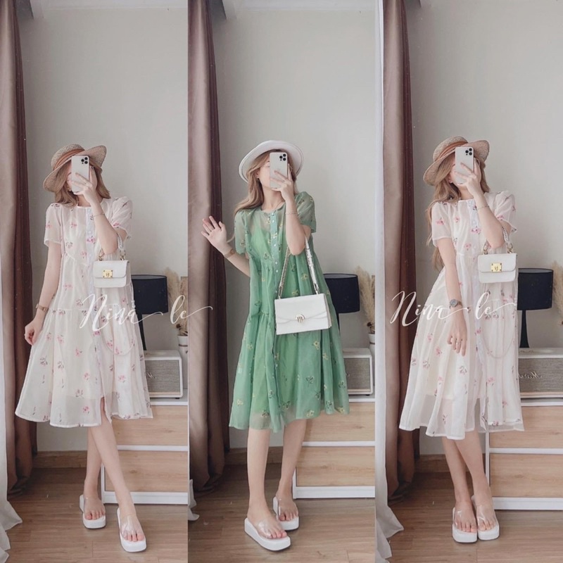 Đầm midi babydoll in hoa nút đôi 2 màu