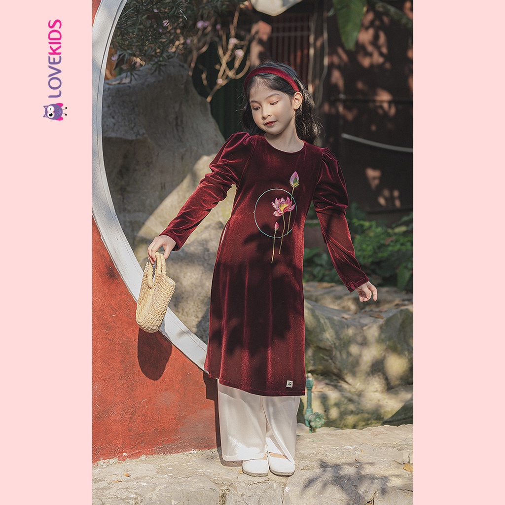 Áo dài nhung thêu hoa sen tay bồng BG | Lovekids