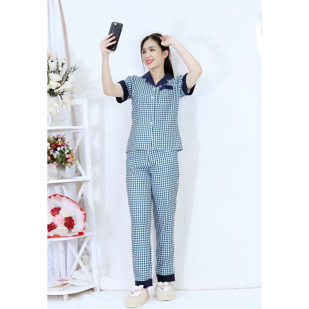 [Mã FAMARAL2 giảm 10K đơn 50K] Bộ đồ bộ Pijama CARO PHA CỔ XANH ĐEN tay ngắn quần dài siêu lụa - Thoải Mái Nhẹ Nhàng
