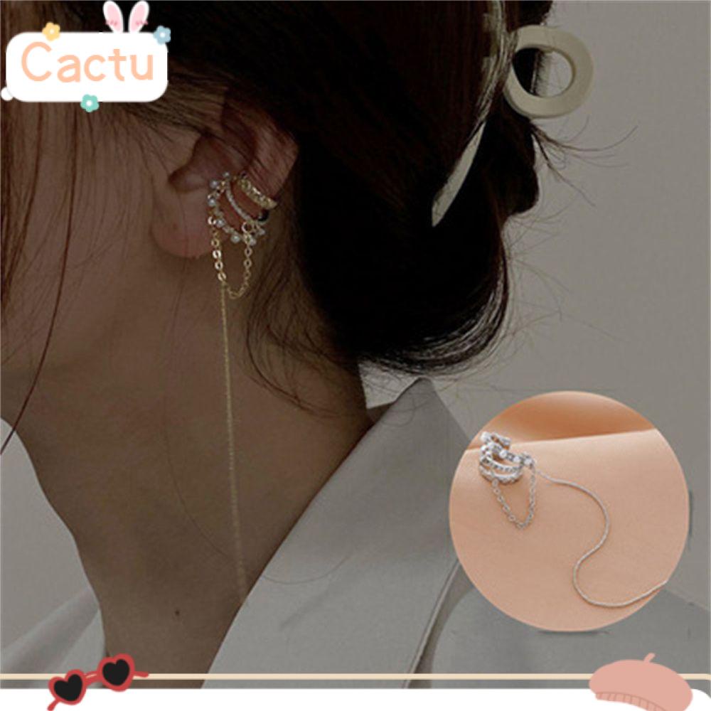 Bông tai dạng kẹp dáng dài nhiều lớp đính đá zircon lấp lánh phối tua rua cho nữ