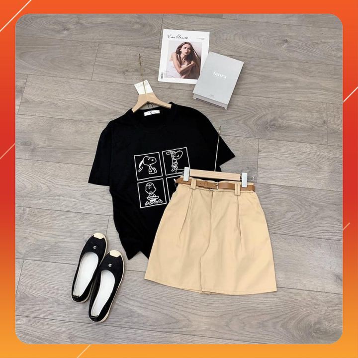 Set đồ nữ cá tính Ulzzang đi chơi mua hè giá rẻ Áo phông tay lỡ quần short SNOOPY SDN01