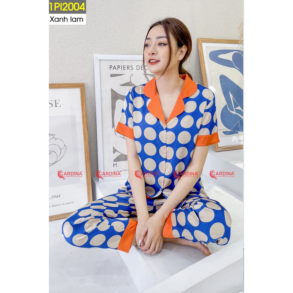 Bộ Pijama Nữ Cardina quần dài áo cộc tay, chất lụa Nhật cao cấp- BST 2021