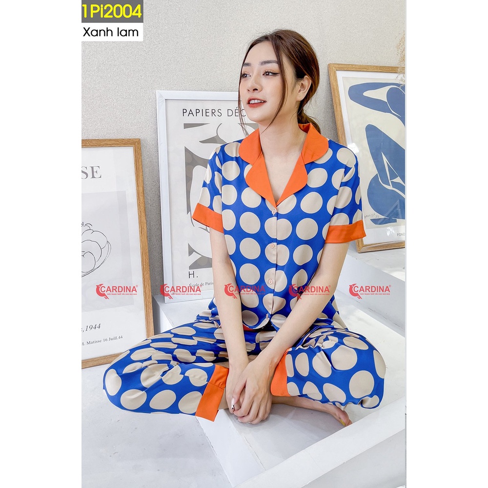 Bộ Pijama Nữ Cardina quần dài, áo ngắn tay, nhiều họa tiết, chất Lụa Nhật Cao Cấp.
